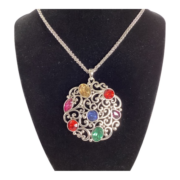 Filigree Pendant Necklace 19 Inches Multicolor Rhinestones Silver Tone By Scroll - Picture 1 of 9